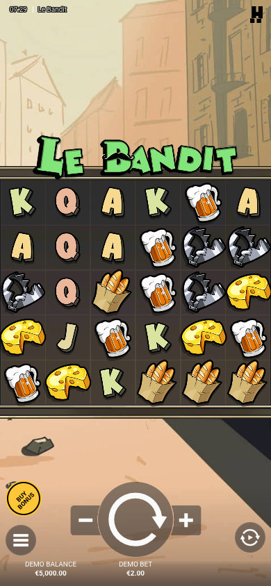 Original Le Bandit 1.25.0 · before the checked round: virtual balance €5,000.00 and demo bet €2.00. EN · mobile emulation, 16 October 2026.